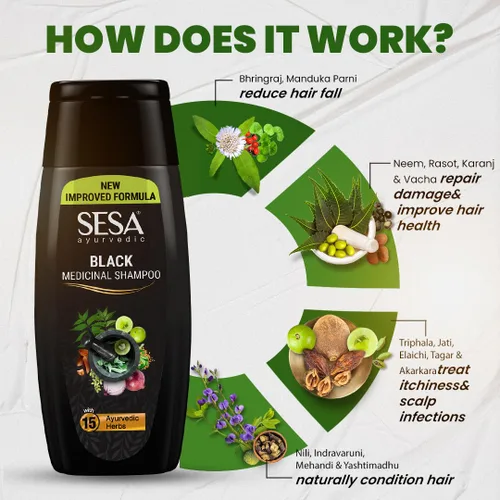 Vista 2 de Sesa Champú medicinal ayurvédico, Bhringraj y 16 hierbas raras, todo tipo de cabello, 6.8 fl oz, paquete de 1, sin parabenos