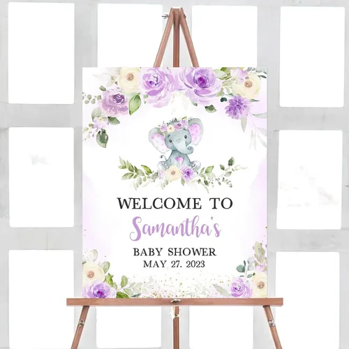 Vista 7 de Letrero de bienvenida de elefante editable para baby shower, letrero floral azul para baby shower, letrero con nombre personalizado para niño o niña