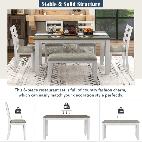 Vista 6 de Harper & Bright Designs Juego de mesa de comedor de granja de 6 piezas con banco, mesa de comedor de madera con 4 sillas y un banco para cocina