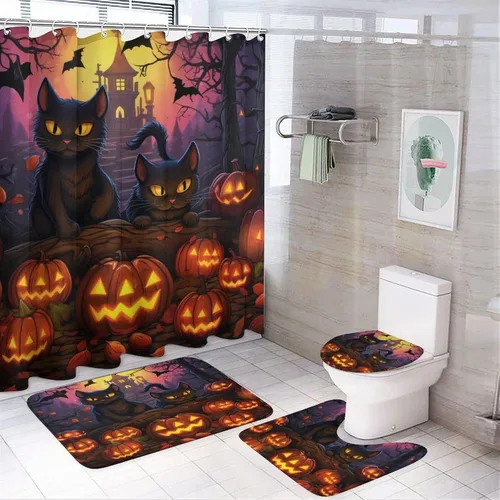 Vista 9 de Juego de 4 cortinas de ducha de Halloween, gato negro, luna llena, calabaza aterradora, cortina de ducha y alfombras, juego de cortina de ducha