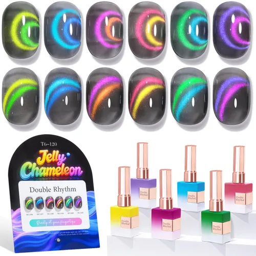 Vista 39 de Double Rhythm - Juego de esmalte de uñas de gel ojo de gato de 6 unidades, mismo color, misma botella, 14.8 ml, brillo con glitter, con imán Aurora