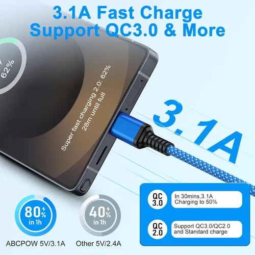 Vista 3 de Cable de carga rápida para Samsung Galaxy S26 Ultra A17 Z Fold7 Z Flip7 FE S25 Edge S25 S25+ A36 A16 5G S24, cable de carga Android de 6 pies tipo