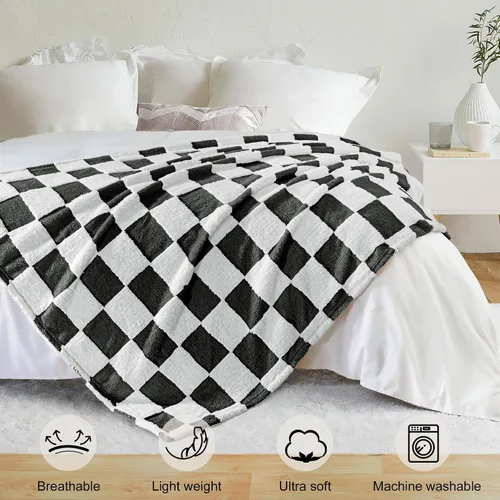 Vista 2 de Exclusivo Mezcla - Manta de franela super suave y cálida con diseño de vellón esponjoso, para sofá, cama, con lindo patrón a cuadros, negro, 50" x