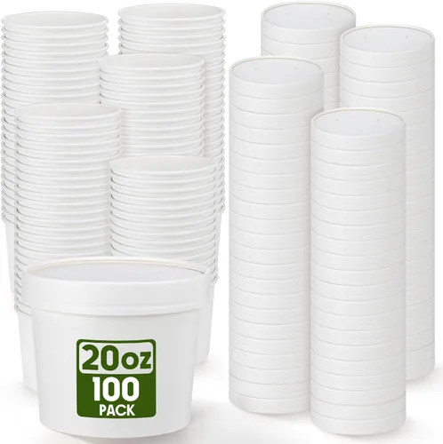 Vista 12 de Fulmoon Paquete de 100 recipientes de papel para sopa con tapas, recipientes de papel desechables para alimentos con tapa ventilada, tazas de postre