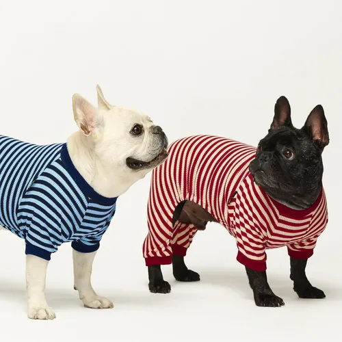 Vista 7 de Fitwarm Pijamas para Perro a Rayas Azules y Blancas, Ropa para Perros Pequeños Hembra y Macho, Mameluco para Cachorro con Pies, Atuendo para Gato