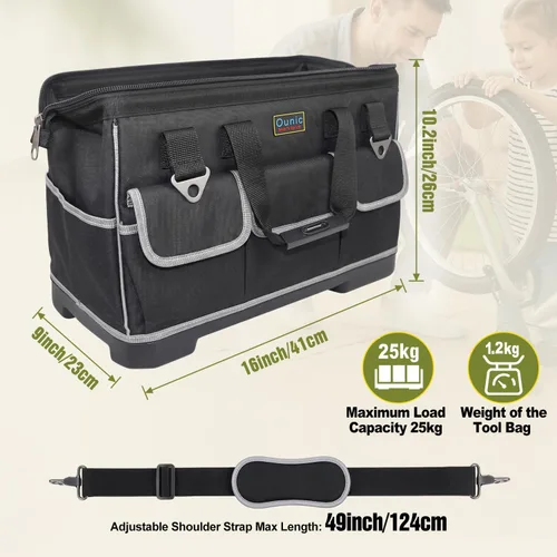 Vista 2 de Bolsa de herramientas de boca ancha de 17 pulgadas con parte inferior suave impermeable, organizador de bolsa de herramientas con múltiples