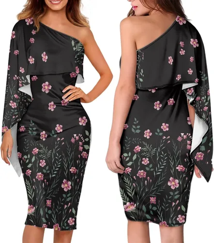 Vista 3 de PORCLAY Vestido corto ajustado con estampado floral de un hombro para mujer, manga de mariposa, dobladillo asimétrico, vestidos de fiesta