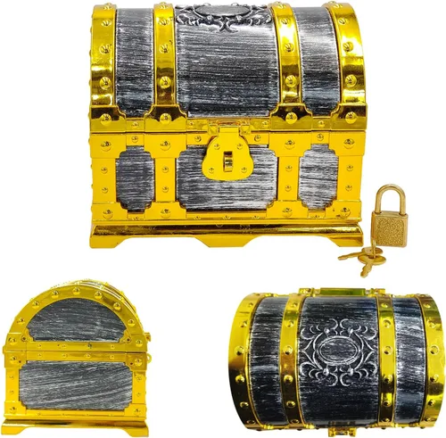 Vista 4 de Cofre del tesoro pirata para niños, caja de almacenamiento de plástico con borde dorado con cerradura y llave para juegos de caza para niños, fiesta