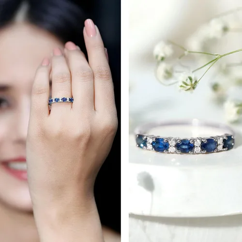 Vista 2 de Natural Blue Sapphire Diamond Wedding Band, AAA Quality, Blue Sapphire East West Ring For Women - Ideal For Gift