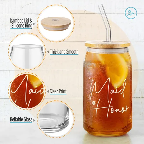 Vista 3 de Inbagi 8 tazas de café helado para regalos de dama de honor con tapas de bambú y popote de vidrio de 16 onzas, vasos con forma de lata de novia