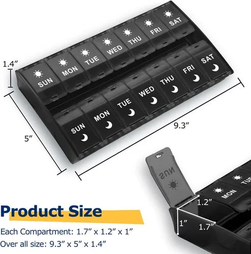 Vista 5 de Organizador de pastillas grande 2 veces al día (negro) 7 Day AM/PM Pill Box, Hinged Lids & Secure Lock, Big Pill Box Holder Twice a Day, For