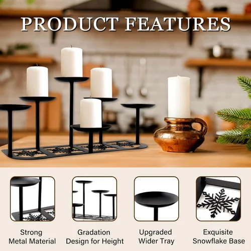 Vista 9 de Portavelas de chimenea de metal negro mate con 6 soportes de velas, decoración de manto para velas sin llama o de cera, mesa de piso, centro de 6