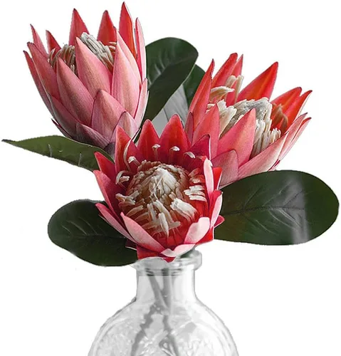 Vista 8 de Flores artificiales de seda falsa, Protea Cynaroides, arreglos florales de plástico, ramo de decoración para centros de mesa de boda, 3 piezas