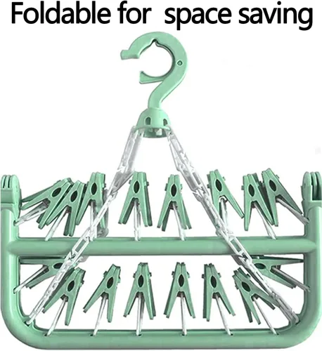 Vista 3 de Percha para secar ropa con 32 pinzas y percha plegable para colgar (Verde Claro)