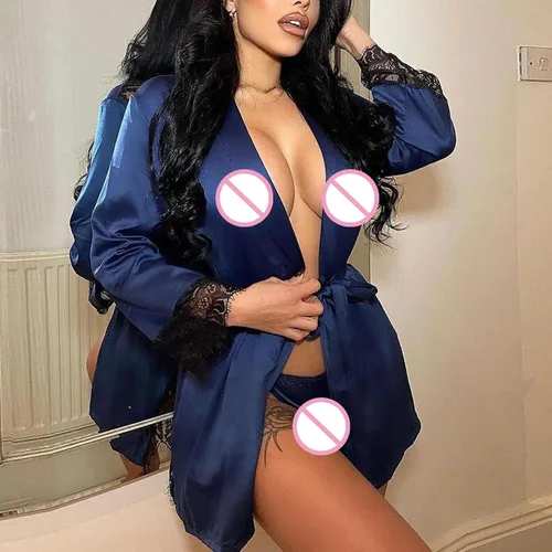 Vista 5 de Zzalalana Ropa de dormir sexy para mujer bata de manga larga con encaje en la espalda camisón transparente con cinturón