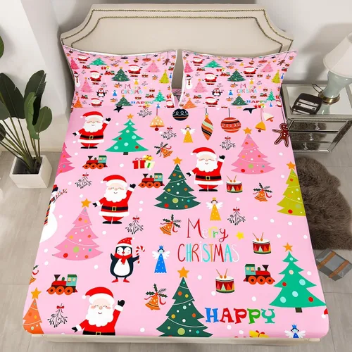 Vista 30 de Juego de sábanas con diseño de Papá Noel y muñeco de nieve para niños, niñas y niños, de temática navideña, juego de cama con diseño de árbol