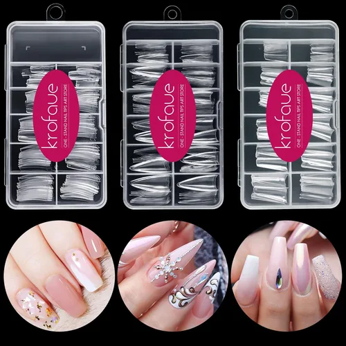 Vista 18 de Krofaue Uñas postizas con punta francesa: uñas cuadradas cortas a presión Puntas de uñas cuadradas francesas mate