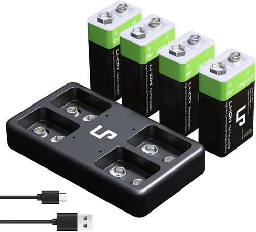 Vista 10 de LP Paquete de baterías recargables de 9V, paquete de 2 unidades, 800mAh de iones de litio, 9 voltios, batería USB con puerto de carga Micro USB