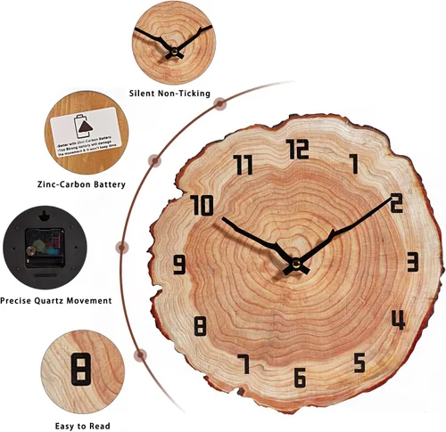 Vista 2 de Reloj de pared rústico silencioso de 12 pulgadas, funciona con pilas, de madera, decoración para baño, cocina, dormitorio, sala de estar, anillo