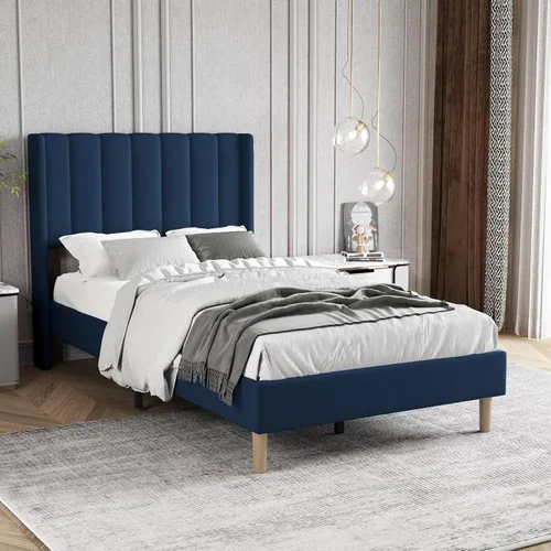 Vista 17 de Base de cama tapizada de tamaño individual con cabecero, listones de madera fuertes, no necesita somier, fácil montaje, terciopelo beige