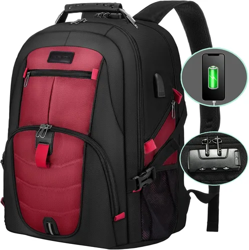 Vista 13 de Mochila grande de viaje y para laptop, es impermeable, antirrobo, con cerradura y puerto de carga USB, para negocios, hombres, mujeres, escuela