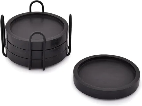 Vista 3 de Posavasos de madera para mesa de café, posavasos redondos con soporte para protección de mesa, juego de 4 (4 x 4 x 0.5 pulgadas) (negro)