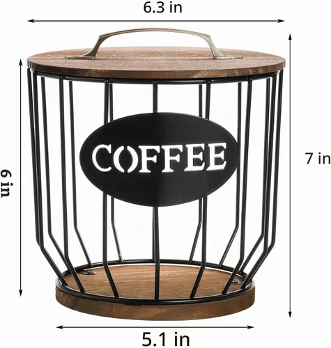 Vista 2 de yarlung Soporte para cápsulas de café con tapa, soporte para tazas K de gran capacidad con base de madera rústica, cesta de almacenamiento de café