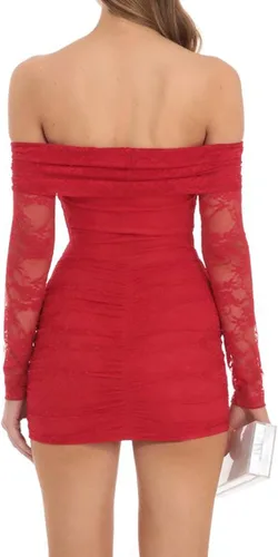 Vista 3 de Minivestido de tubo de encaje floral para mujer, Y2K, sin tirantes, ajustado, para fiesta, acampanado, con volantes, casual, vestido corto