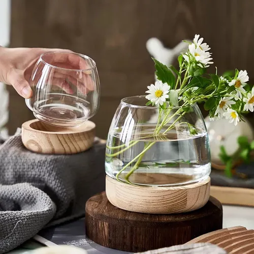 Vista 5 de Jarrón de cristal con base de madera desmontable, pequeña planta hidropónica de escritorio, terrario ecológico para acuario, florero para peces