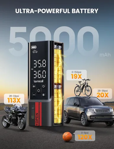 Vista 4 de Lamicall Inflador portátil de neumáticos de automóvil, compresor de aire [150 PSI] [4 veces más rápido], bomba de aire inalámbrica para automóvil