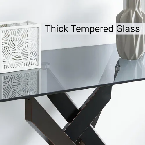 Vista 4 de Edwin's Choice Mesa consola de vidrio negro estrecha con parte superior de vidrio templado gris y patas tubulares de metal negro con borde dorado