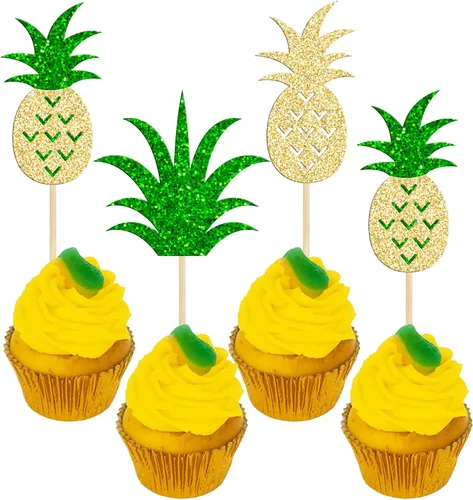 Vista 21 de 36 piezas de adornos para cupcakes de piña verde con purpurina verde para Luau despedida de soltera, fiesta de verano tropical, decoración