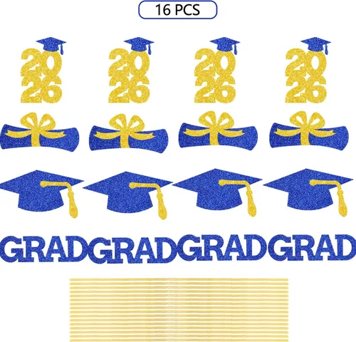 Vista 5 de Centro de mesa azul dorado para decoración de graduación, decoración de mesa de graduación con purpurina, suministros de felicitaciones, 16 piezas