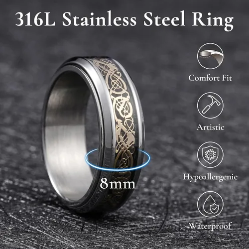 Vista 94 de King Will Anillo giratorio de acero inoxidable 316L para hombres y mujeres, 0.315 in de dragón/nudo celta, anillo para ansiedad para aliviar