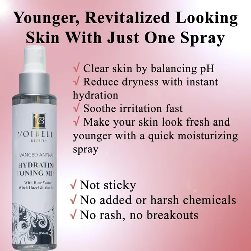 Vista 2 de Tónico hidratante orgánico para la cara antienvejecimiento, agua de rosas, hamamelis y aloe vera tonificante facial para mujeres. Spray de agua