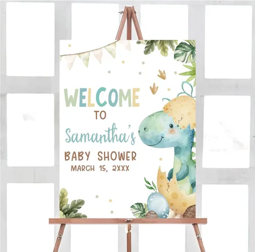 Vista 8 de Letrero de bienvenida para baby shower, personalizado, tema de dinosaurio para eclosionar, varios tamaños