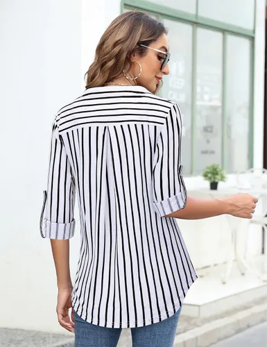 Vista 4 de Bulotus - Blusa larga e informal, con cierre frontal, cuello en V y manga 34, para mujer