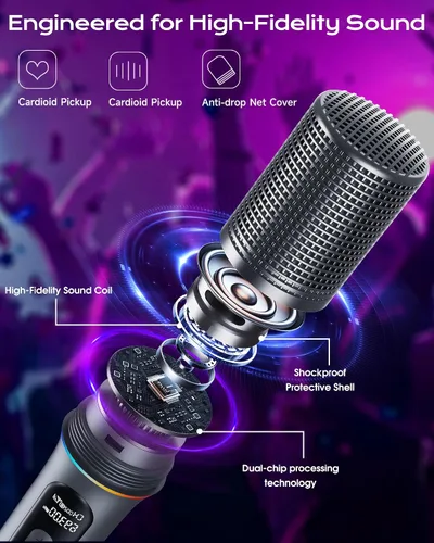 Vista 7 de Micrófono inalámbrico, micrófono dinámico de mano profesional con receptor recargable, ajuste de volumen de 5 niveles, iluminación RGB dinámica