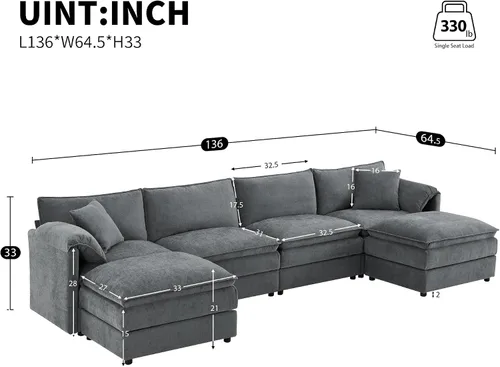 Vista 63 de Moderno sofá modular en forma de U con almohadas para la cintura, sofá cama con diván, sofá tapizado simétrico de felpilla de 6 asientos para sala