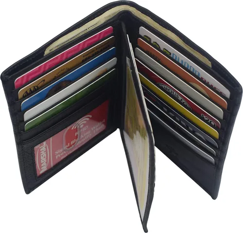 Vista 5 de Marshal Cartera plegable de cuero genuino con bloqueo RFID para hombres, ranuras para tarjetas, 2 compartimentos para billetes, ventanas