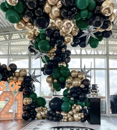 Vista 2 de Guirnalda de globos de color negro, verde y dorado, doble relleno, globos verde oscuro, kit de arco de globos negros y dorados para graduación