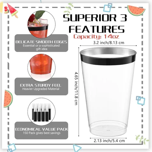 Vista 2 de Norme 50 vasos de plástico con borde de 14 onzas, vasos transparentes desechables con borde, soporte para bebidas de vacaciones 2026, recipiente