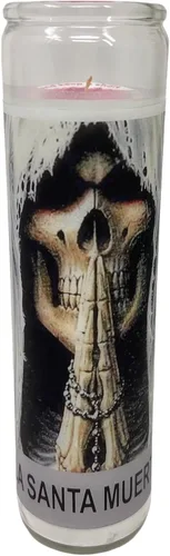 Vista 8 de Santa Muerte 14 oz Vaso Grande UNA pieza Vela de oración de una pieza 14 oz de alto vidrio oración al reverso en español Blanca sin Aroma