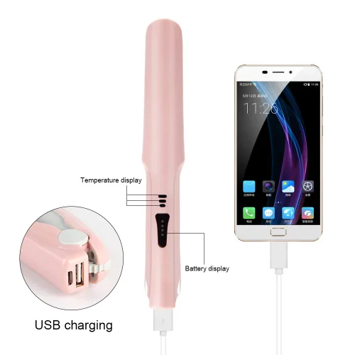 Vista 4 de Mini alisador de pelo inalámbrico portátil de viaje, rizador plano 2 en 1, de cerámica, recargable por USB, plancha plana inalámbrica