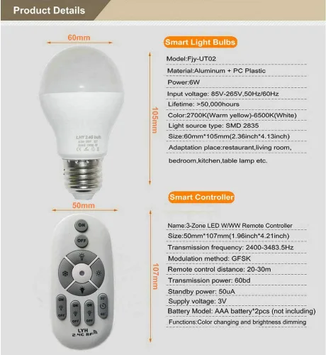 Vista 4 de Bombillas LED inteligentes E27 de 6 W regulables con control remoto inalámbrico de 3 zonas de 2.4 GHz, temperatura de color ajustable (cálido/frío)