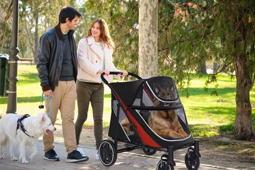 Vista 3 de Cochecito grande para perros, cochecitos para mascotas de 4 ruedas para perros medianos o 2 perros, plegable con un solo clic, malla transpirable