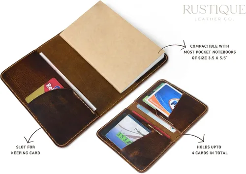 Vista 4 de Rustique Style Leather Journal Cover for Field Notes & Moleskine Cahier Pure Full Grain Vintage Leather Passport Wallet & Card Holder Premium
