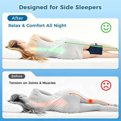 Vista 4 de Almohada de rodilla para dormir de lado, almohada de espuma viscoelástica con correa, color azul Ergonomic Between Leg Support Pillow for Sleeping