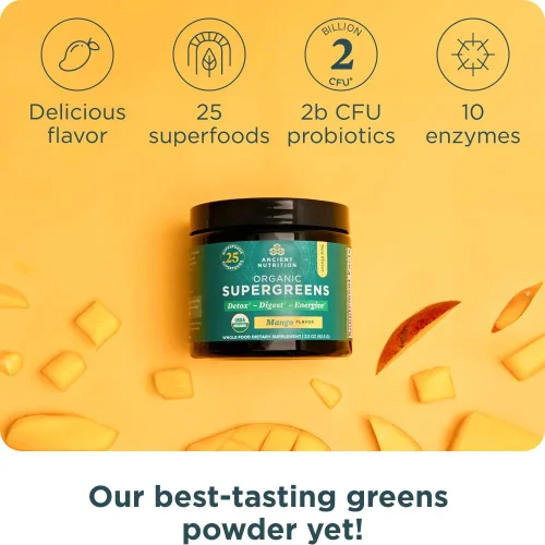 Vista 4 de Ancient Nutrition Proteína en polvo multicolágeno, sin sabor, 24 porciones + polvo orgánico Supergreens, mango, 12 porciones