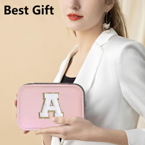 Vista 6 de Joyero con letra inicial de monograma, organizador de joyas de viaje con doble capa, regalos personalizados para mujeres, collares, aretes, anillos